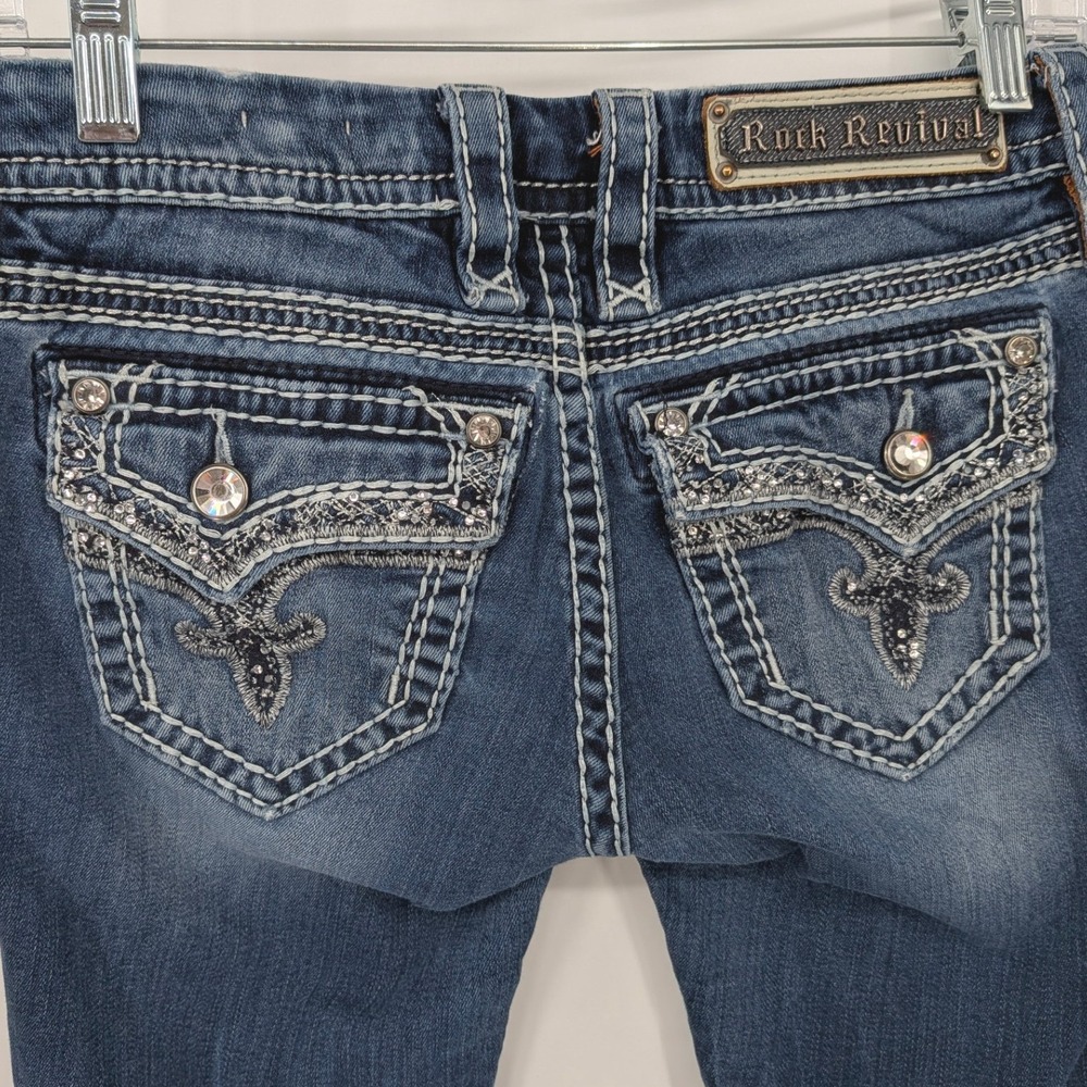 Rock Revival Kai Straight‎ Jeans Women 26 Blue Embellished Pocket Y2K Western